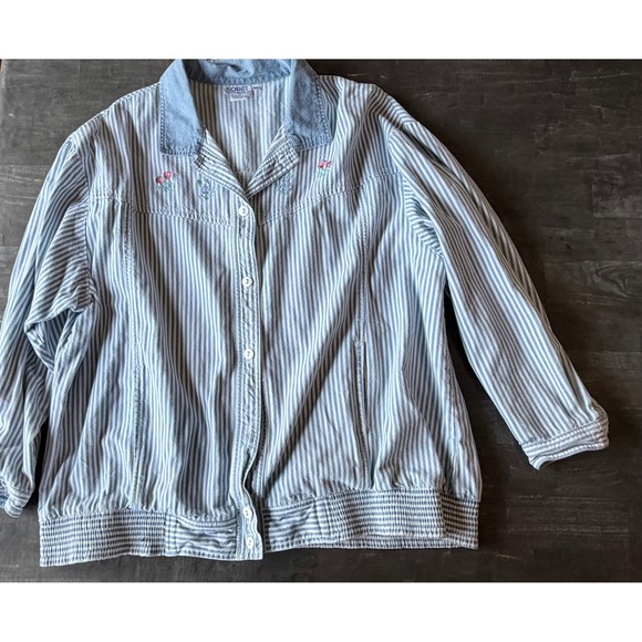 Koret City Blues Jackets & Blazers - Koret City Blues Vintage Striped Floral Embroidered Button Front Jacket Blue 2X